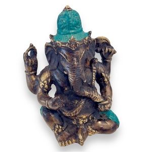 ⚜️Heavy Bronze Buddha Elephant God Ganesha - Turquoise Teal Accents - 5.5” tall!